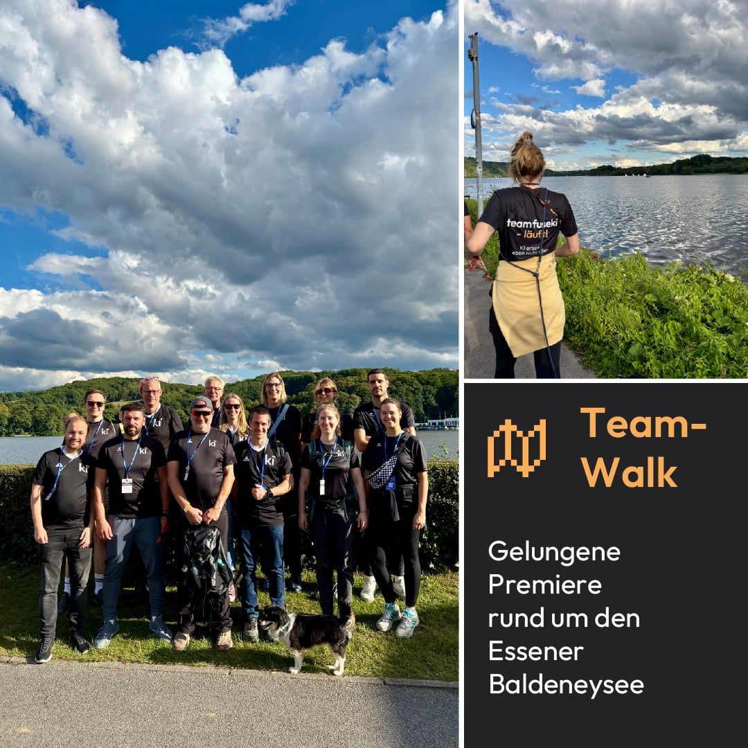 Collage mit Gruppenfoto am See, Text „Team-Walk – Gelungene Premiere rund um den Essener Baldeneysee“