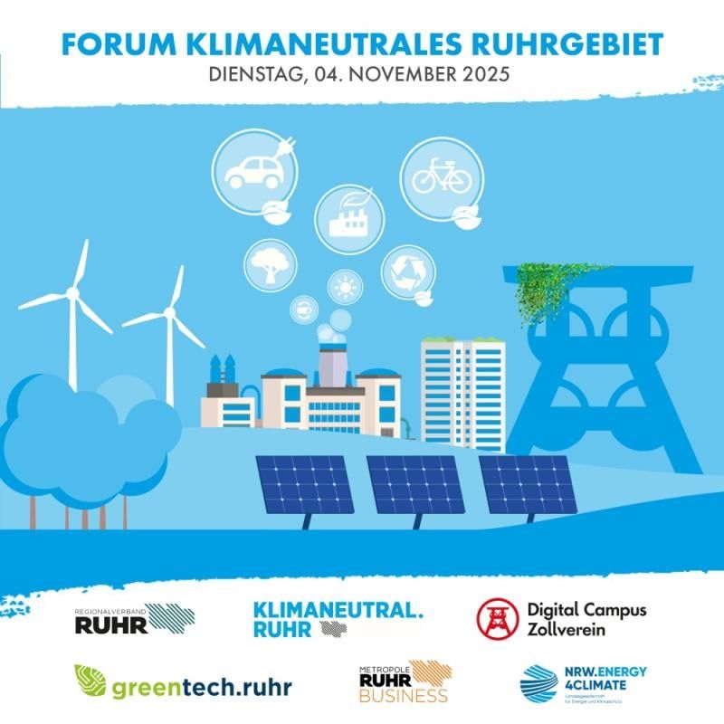 Plakat „Forum Klimaneutrales Ruhrgebiet, Dienstag, 04. November 2025“ mit Illustration einer Stadt mit Windrädern und Solaranlagen