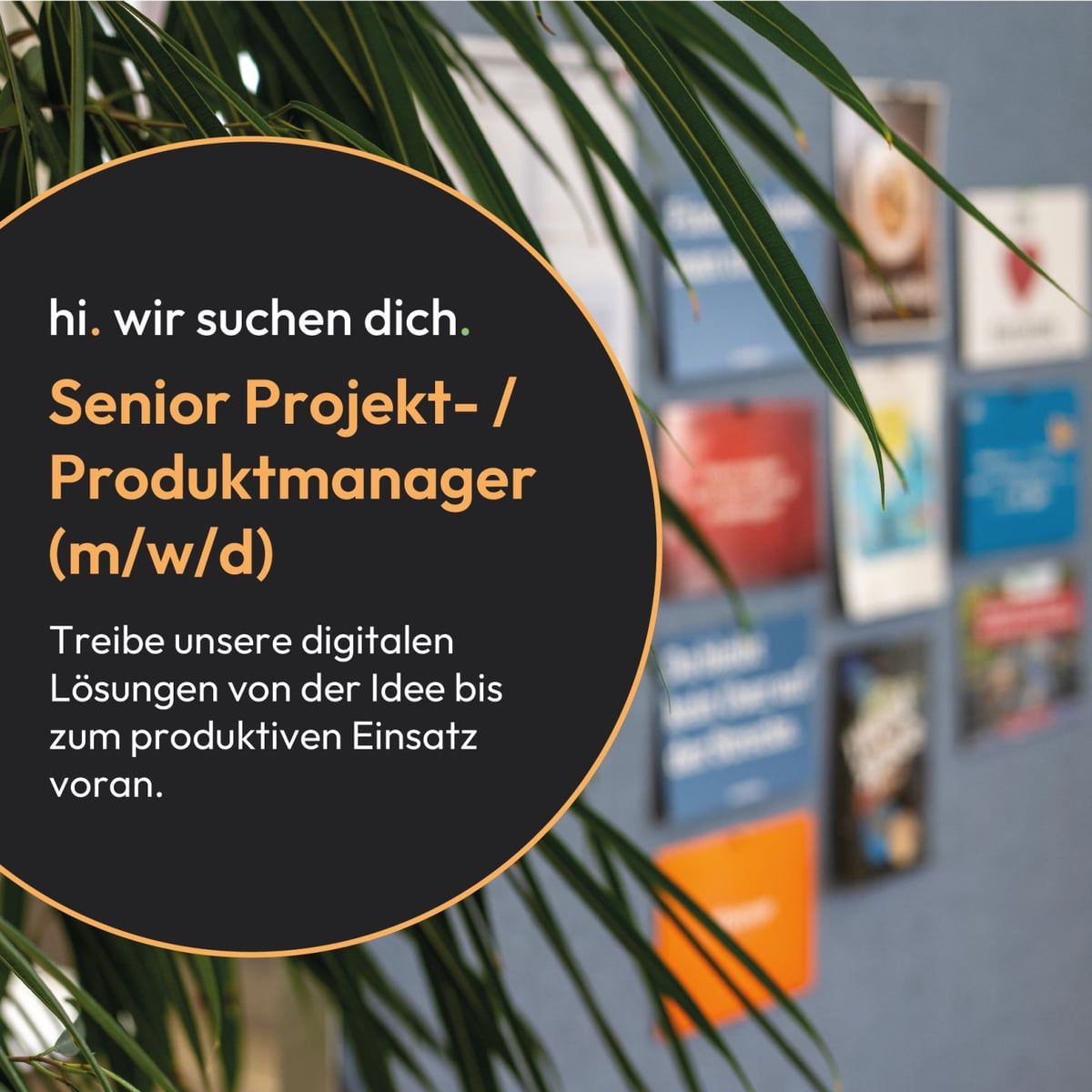 Stellenanzeige: „hi. wir suchen dich. Senior Projekt- / Produktmanager (m/w/d) – Treibe unsere digitalen Lösungen von der Idee bis zum produktiven Einsatz voran.“